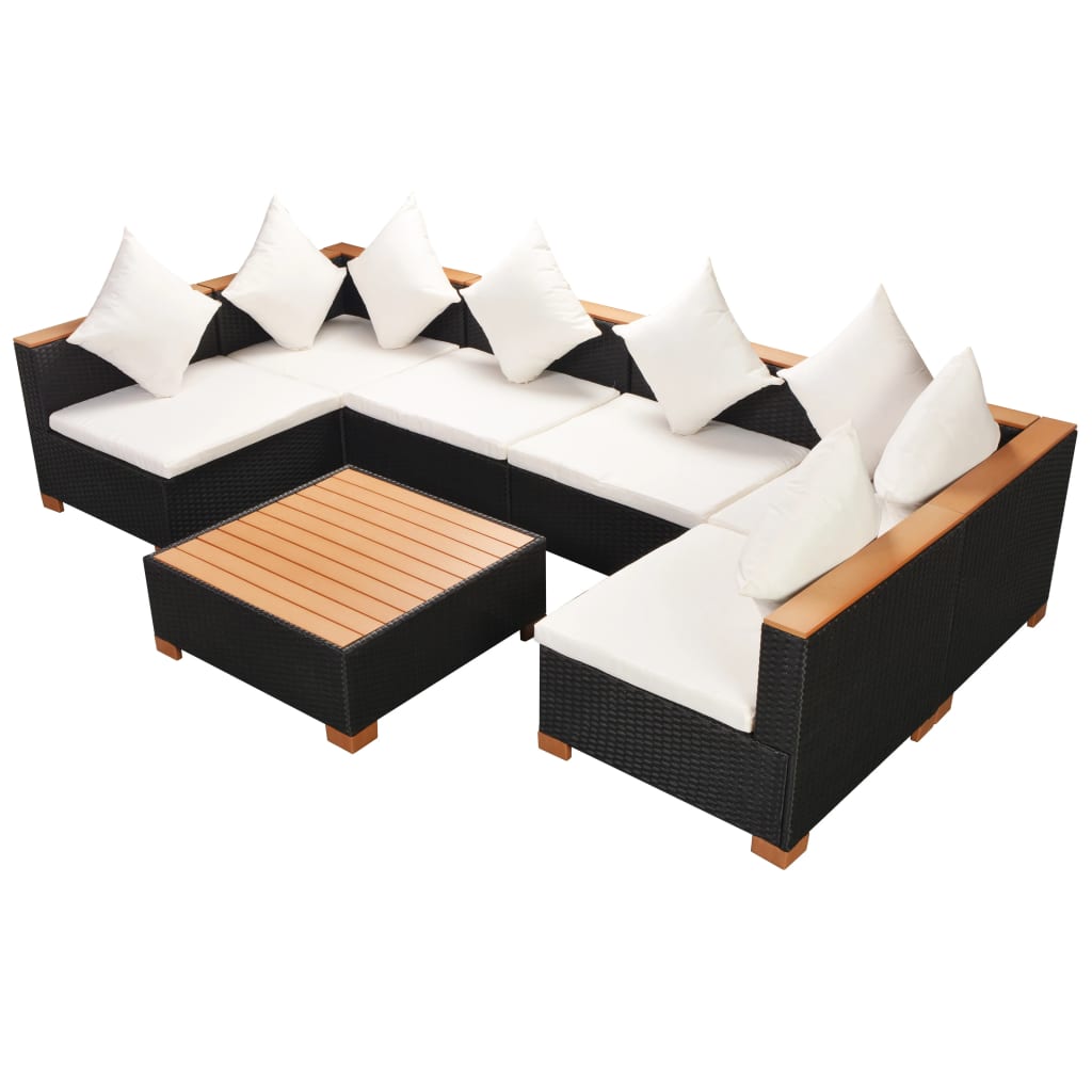 Set mobilier de grădină cu perne, 7 piese, negru, poliratan