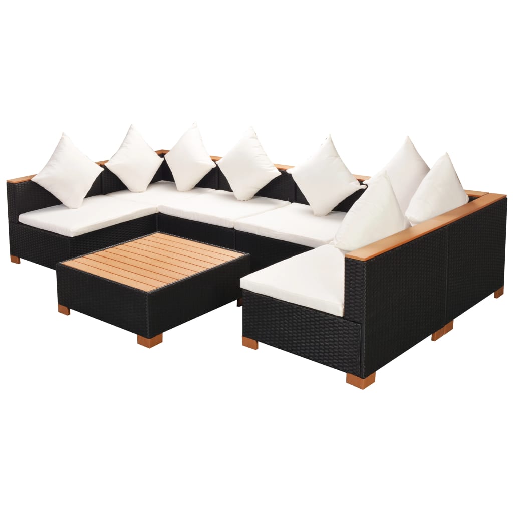 Set mobilier de grădină cu perne, 7 piese, negru, poliratan