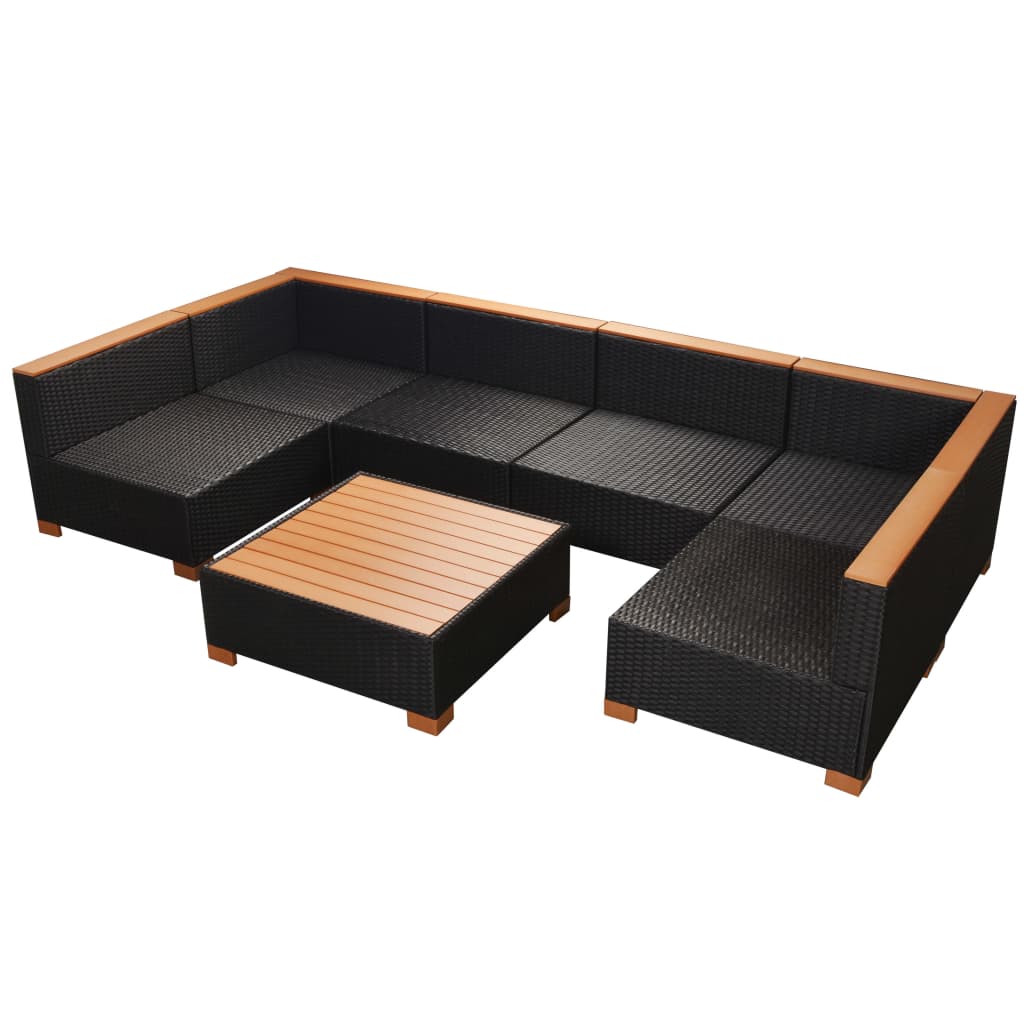 Set mobilier de grădină cu perne, 7 piese, negru, poliratan