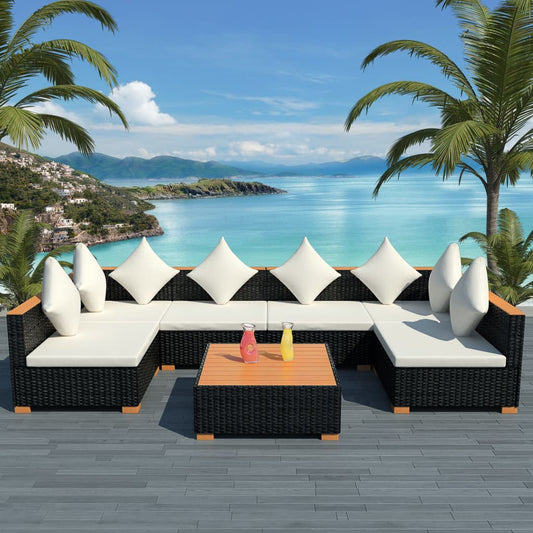 Garden furniture set with cushions, 7 pieces, black, polyrattan