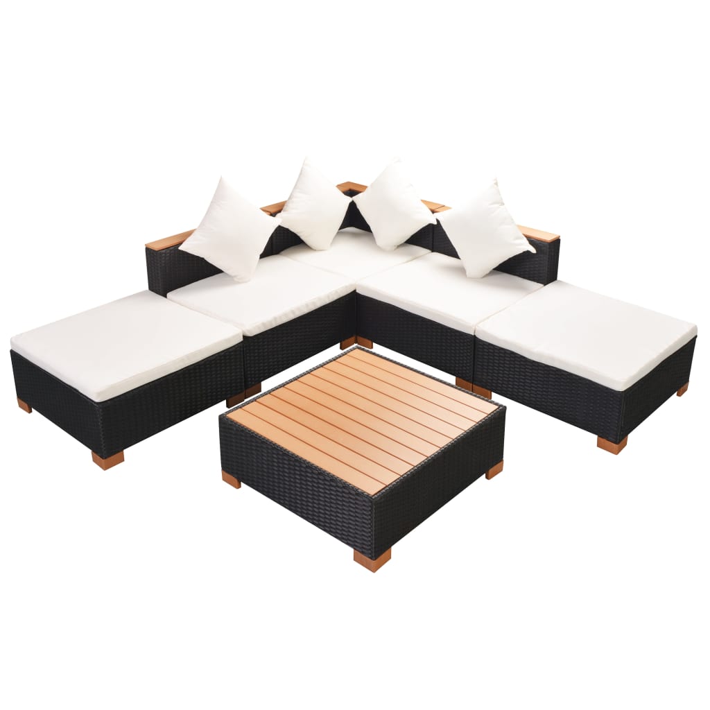 Garden furniture set with cushions, 6 pieces, black, polyrattan