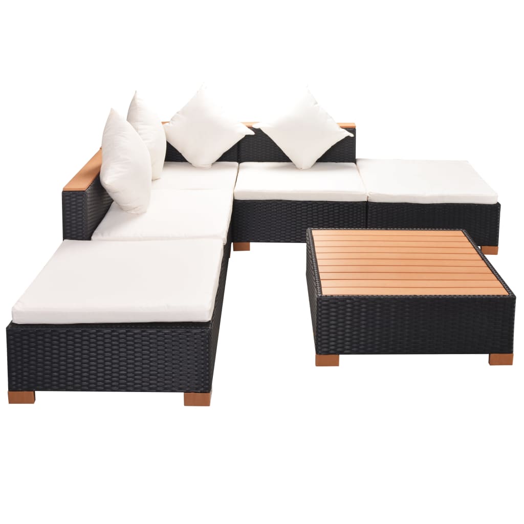 Garden furniture set with cushions, 6 pieces, black, polyrattan