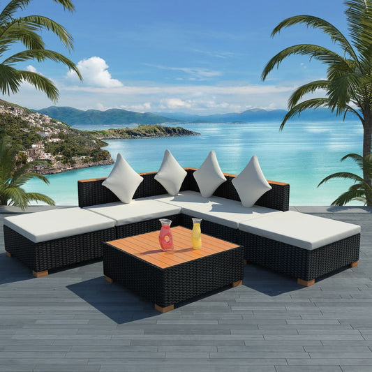 Garden furniture set with cushions, 6 pieces, black, polyrattan