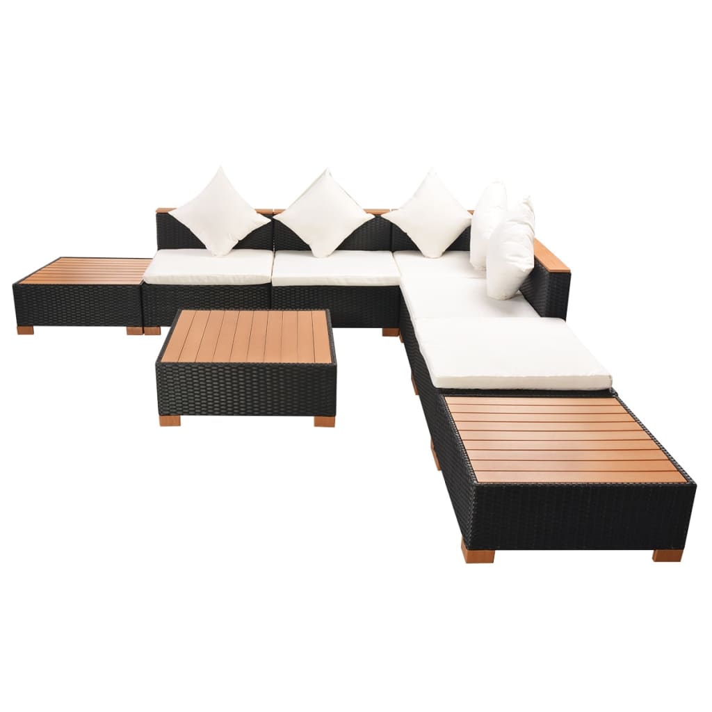 Garden furniture set with cushions, 8 pieces, black, polyrattan