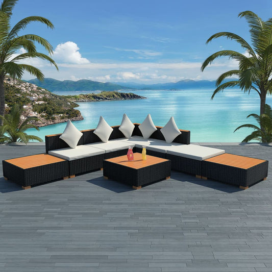 Garden furniture set with cushions, 8 pieces, black, polyrattan