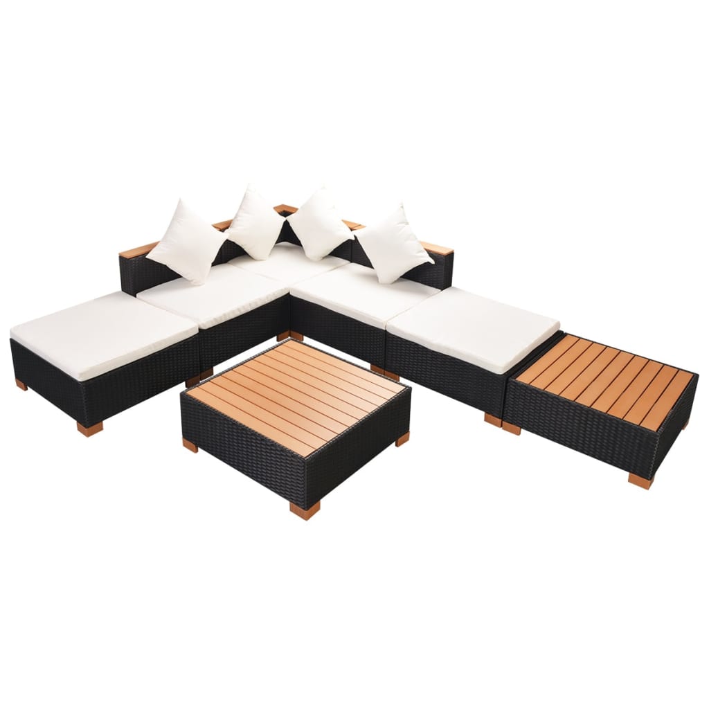 Garden furniture set with cushions, 7 pieces, black, polyrattan