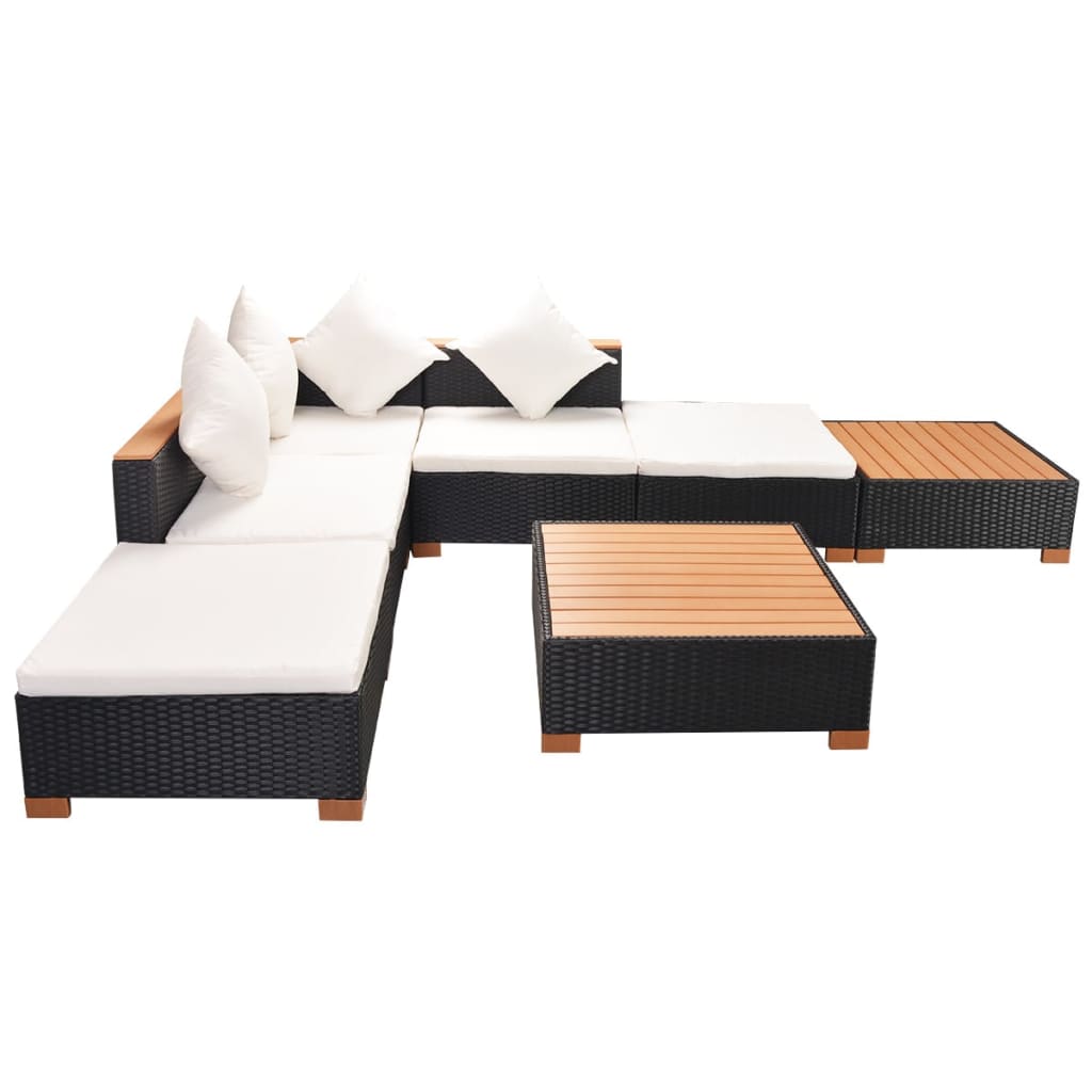 Garden furniture set with cushions, 7 pieces, black, polyrattan