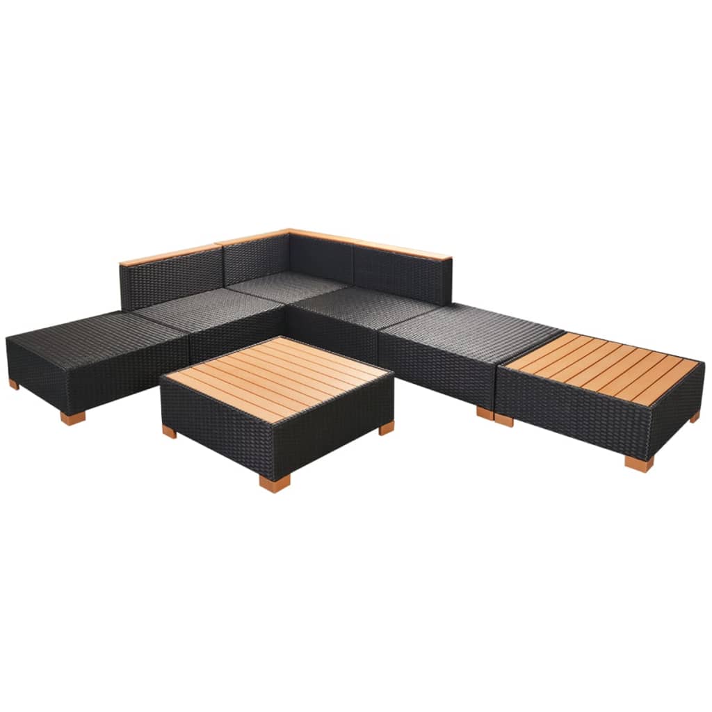 Garden furniture set with cushions, 7 pieces, black, polyrattan