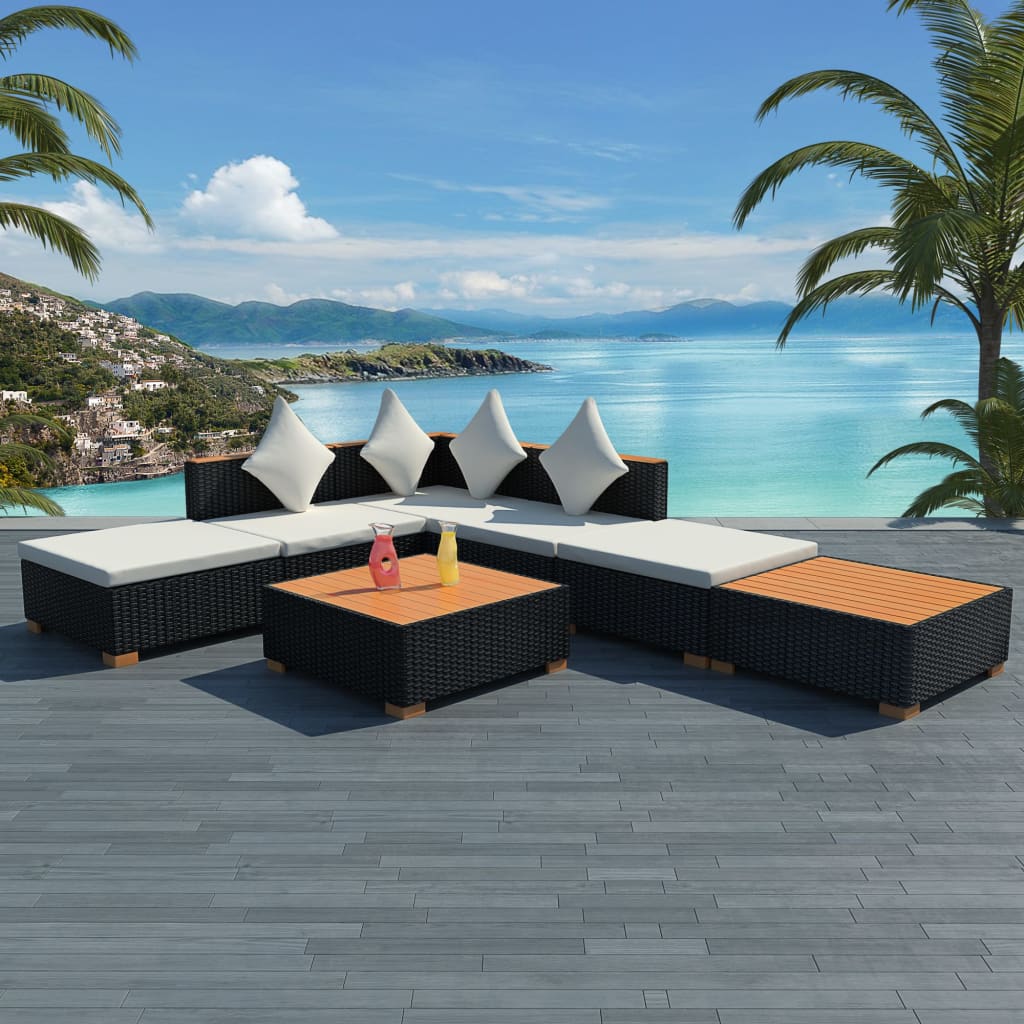 Garden furniture set with cushions, 7 pieces, black, polyrattan