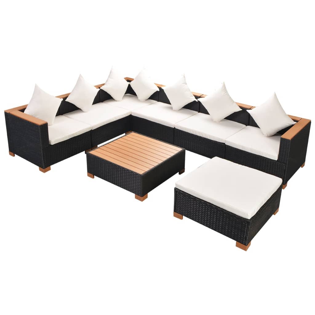 Set mobilier de grădină cu perne, 8 piese, negru, poliratan