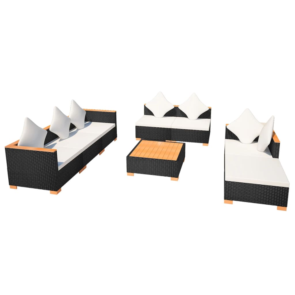 Garden furniture set with cushions, 8 pieces, black, polyrattan