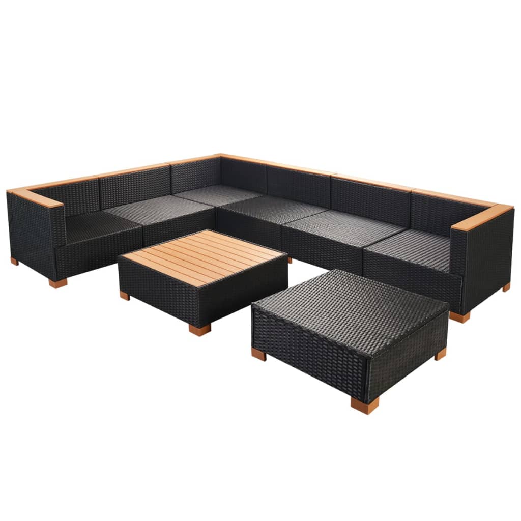 Garden furniture set with cushions, 8 pieces, black, polyrattan