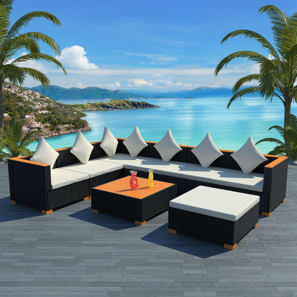 Garden furniture set with cushions, 8 pieces, black, polyrattan