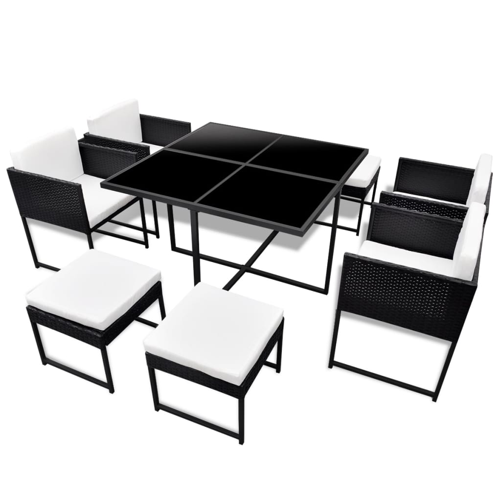 Set mobilier de exterior cu perne, 9 piese, negru, poliratan