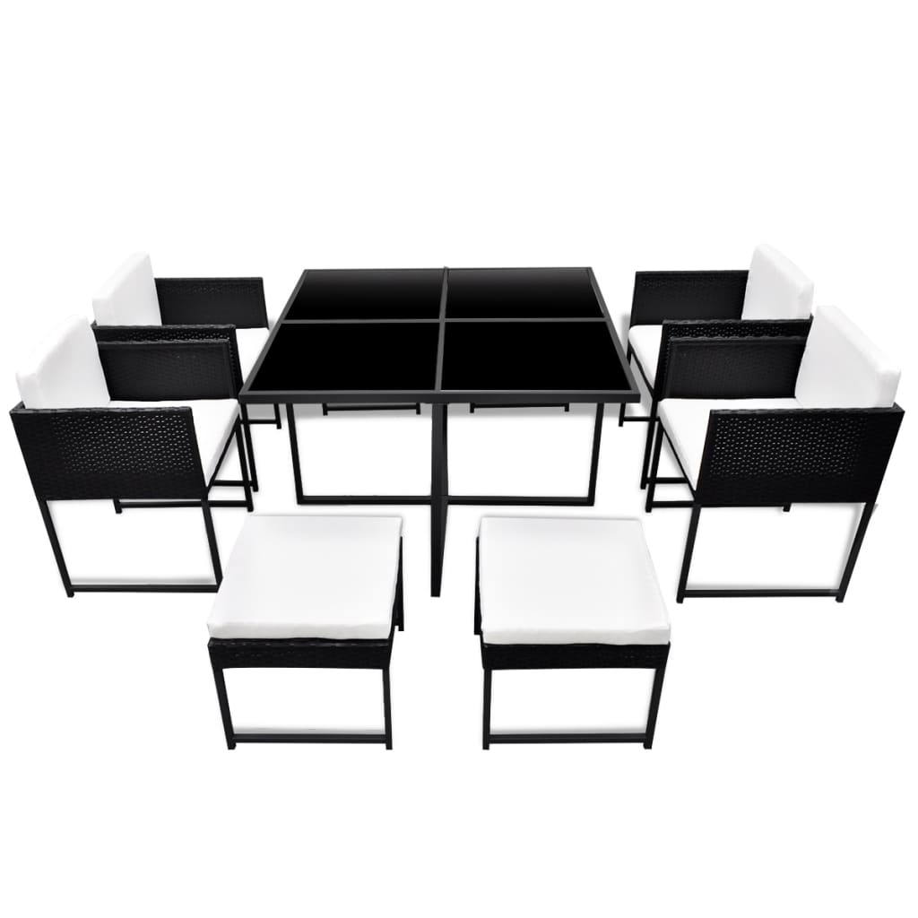 Set mobilier de exterior cu perne, 9 piese, negru, poliratan