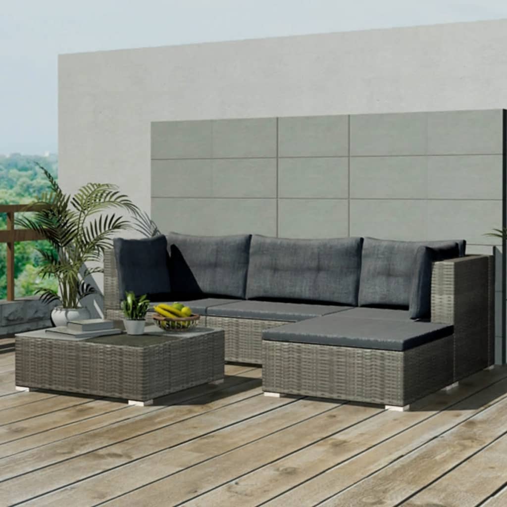 5-piece garden furniture set with cushions, grey, polyrattan