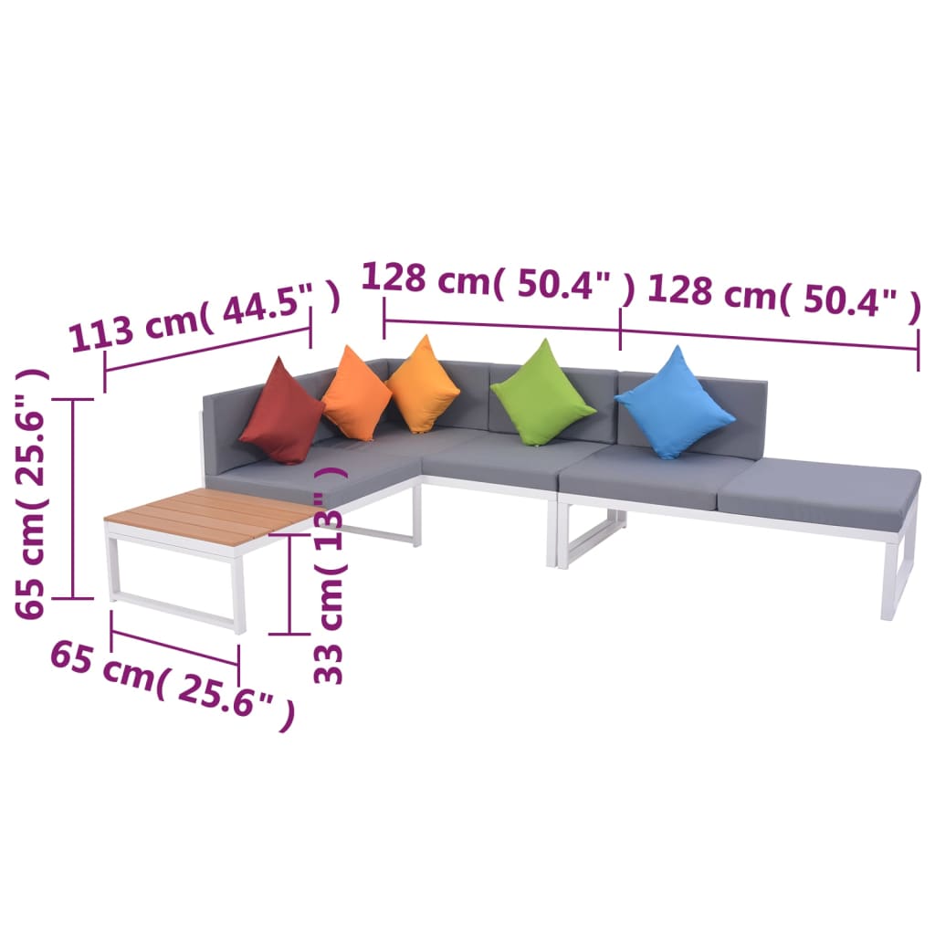 Garden furniture set with cushions, 4 pieces, aluminum and WPC