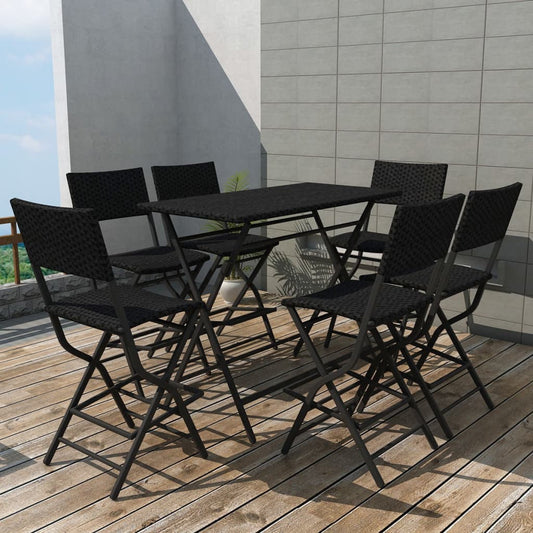 7-piece folding outdoor furniture set, black steel, polyrattan