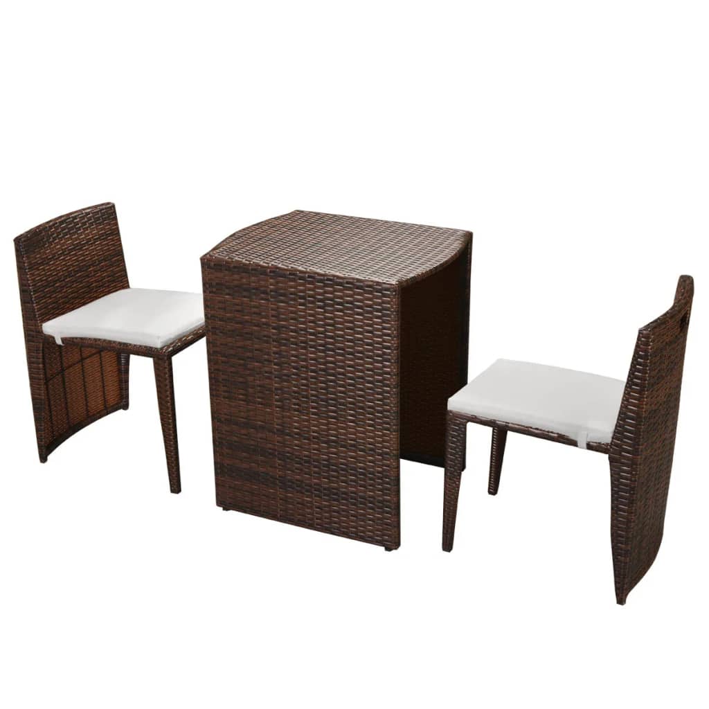 Bistro furniture set with cushions, 3 pieces, brown, polyrattan