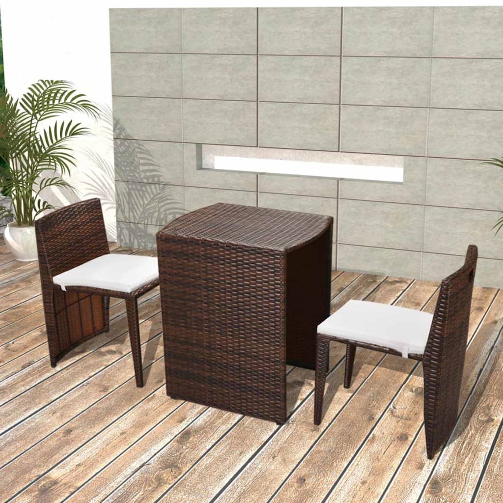 Bistro furniture set with cushions, 3 pieces, brown, polyrattan