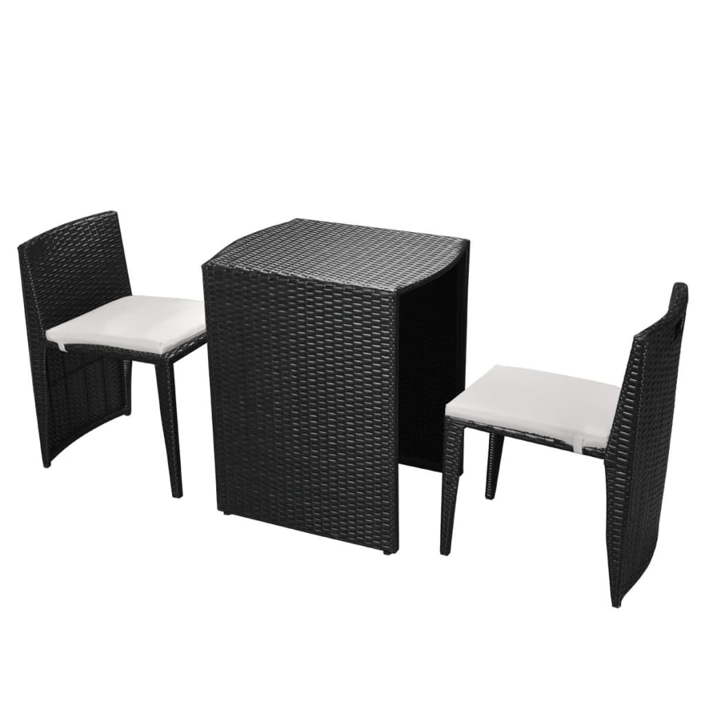 Bistro furniture set with cushions, 3 pieces, black, polyrattan