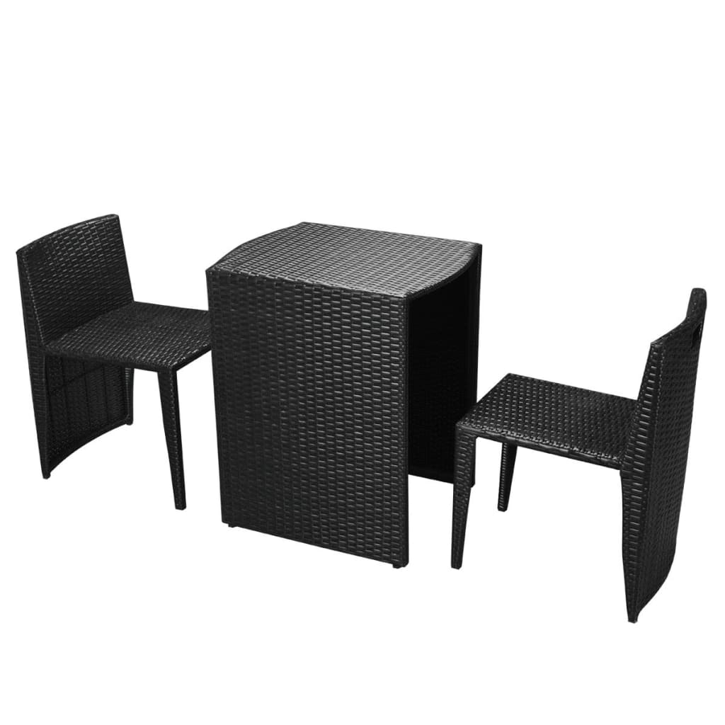 Bistro furniture set with cushions, 3 pieces, black, polyrattan