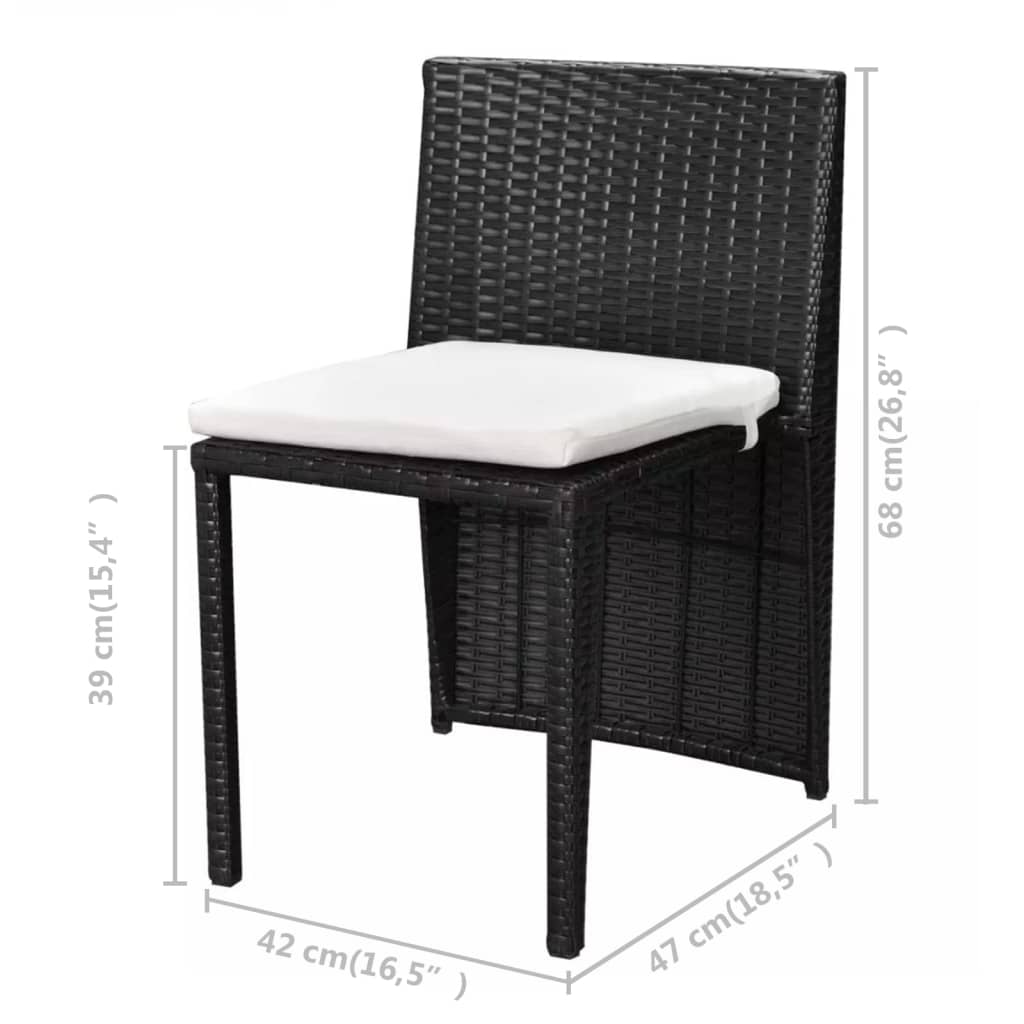 Bistro furniture set with cushions, 3 pieces, black, polyrattan