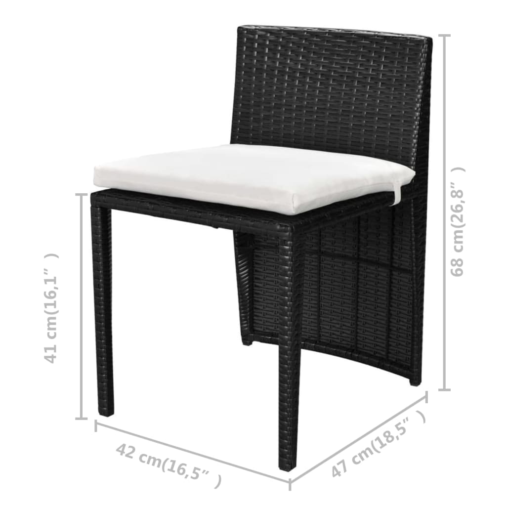 Bistro furniture set with cushions, 3 pieces, black, polyrattan