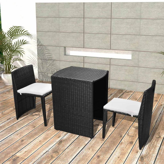 Bistro furniture set with cushions, 3 pieces, black, polyrattan