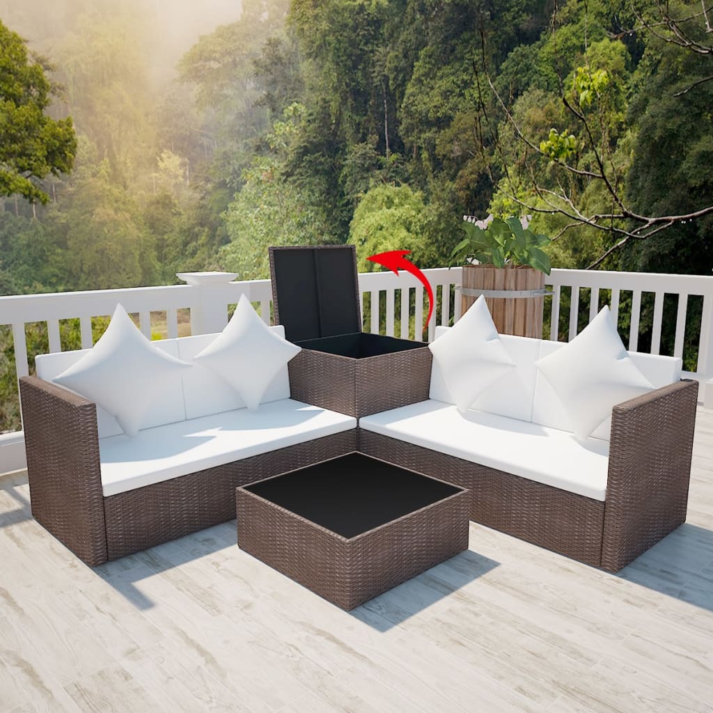 Garden furniture set with cushions, 4 pieces, brown, polyrattan