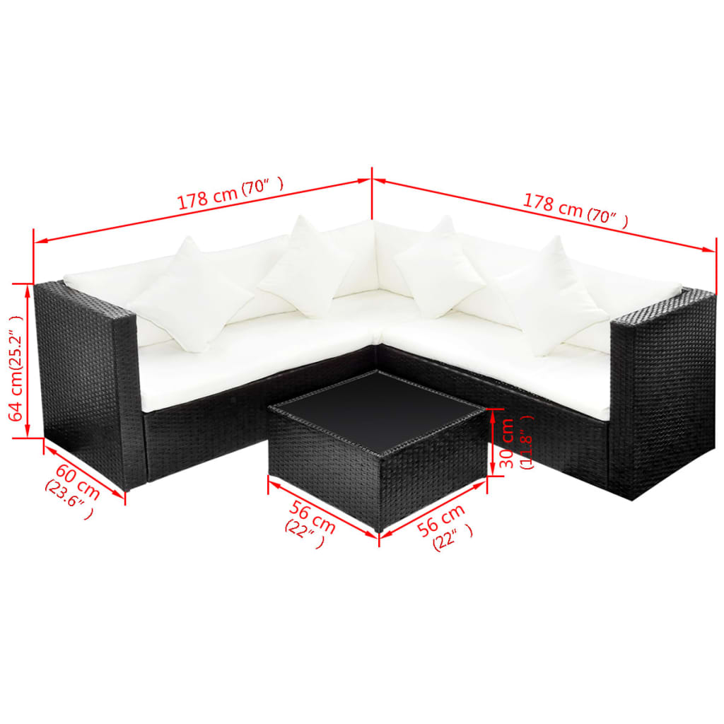 4-piece garden furniture set with cushions, black, polyrattan