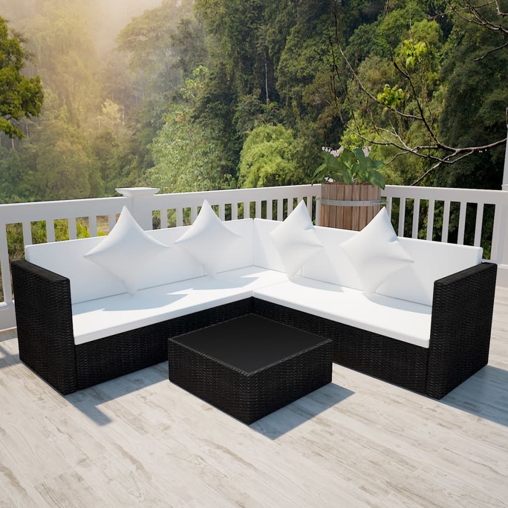 4-piece garden furniture set with cushions, black, polyrattan