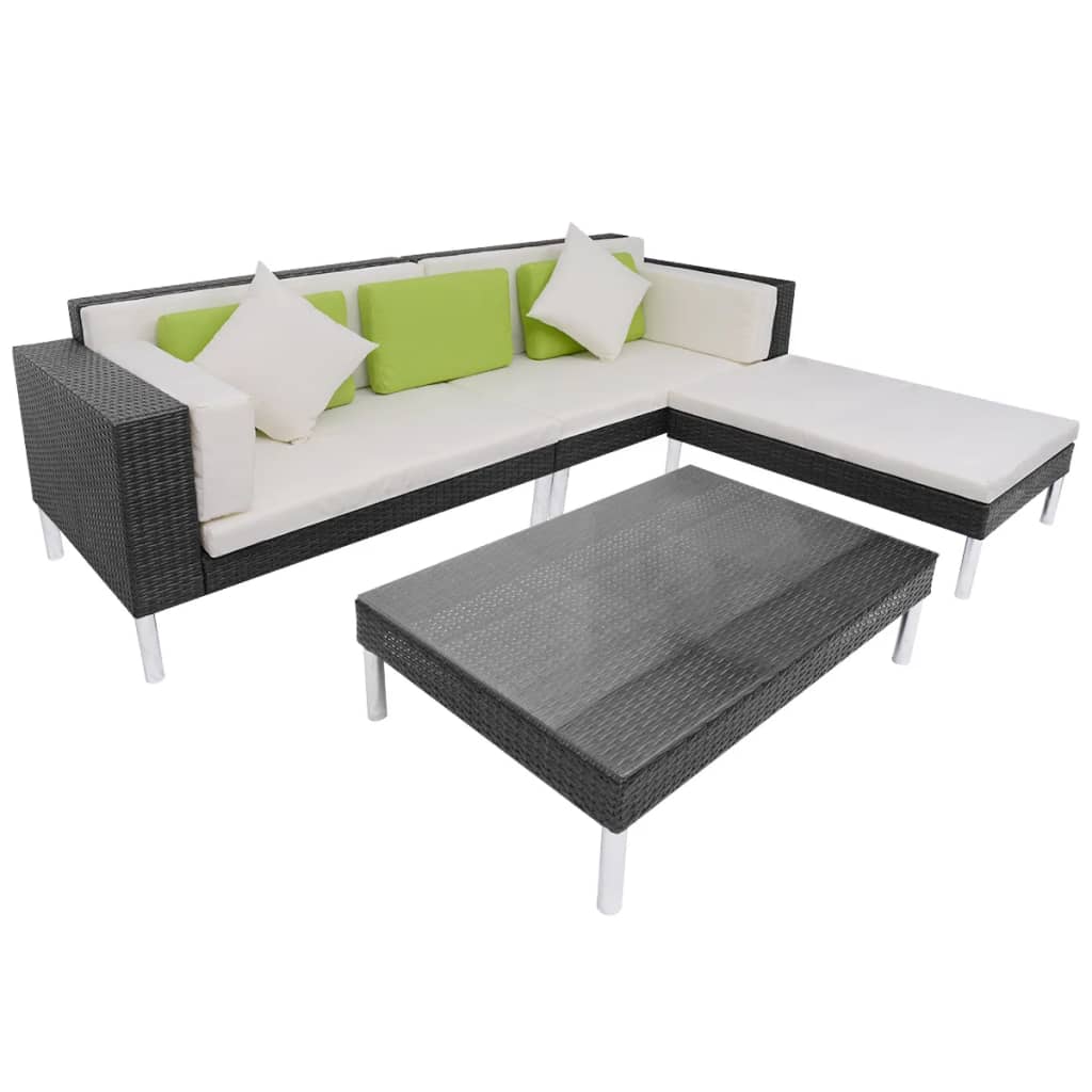 Set mobilier de grădină cu perne, 4 piese, negru, poliratan