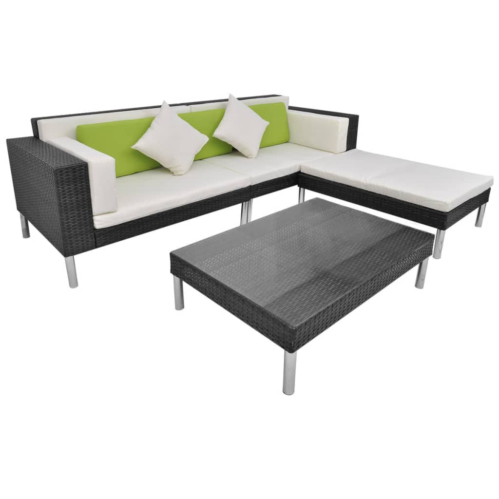 Set mobilier de grădină cu perne, 4 piese, negru, poliratan