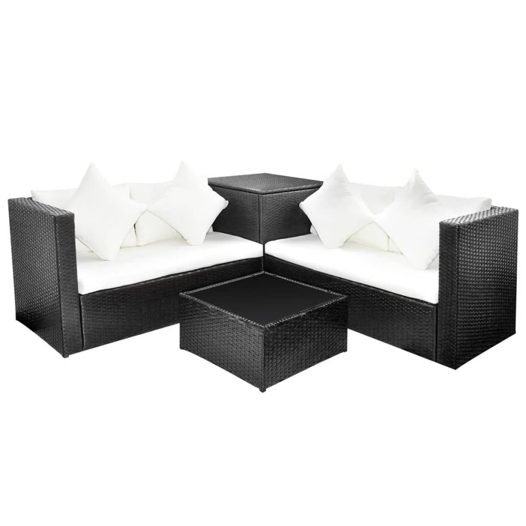 Set mobilier de grădină cu perne, 4 piese, negru, poliratan