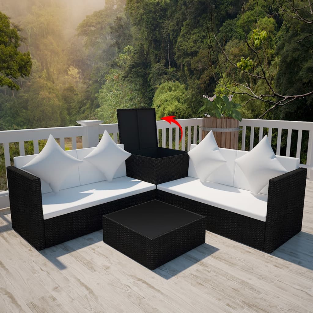 4-piece garden furniture set with cushions, black, polyrattan