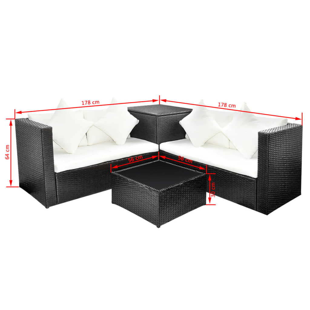 Set mobilier de grădină cu perne, 4 piese, negru, poliratan