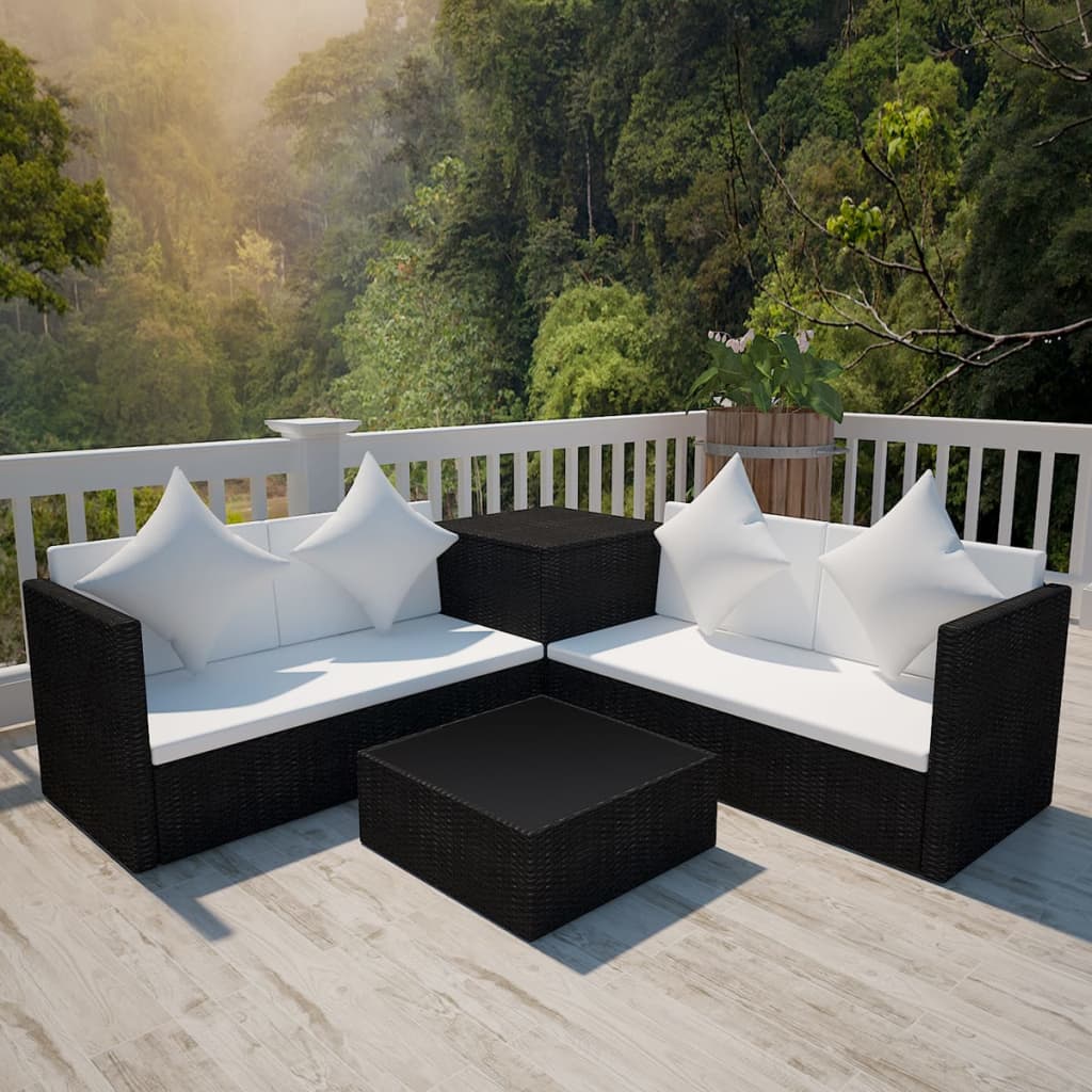 4-piece garden furniture set with cushions, black, polyrattan