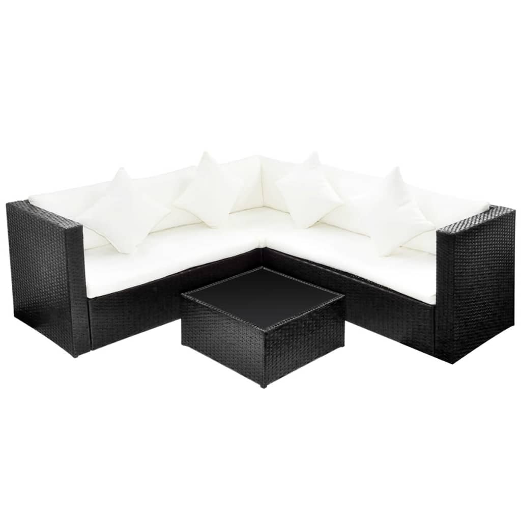 Set mobilier de grădină cu perne, 4 piese, negru, poliratan