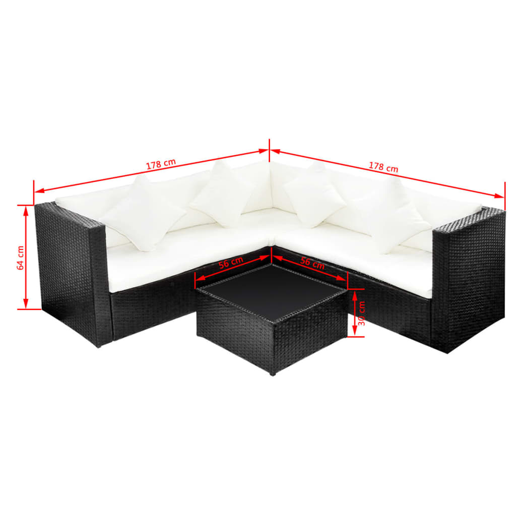 Set mobilier de grădină cu perne, 4 piese, negru, poliratan