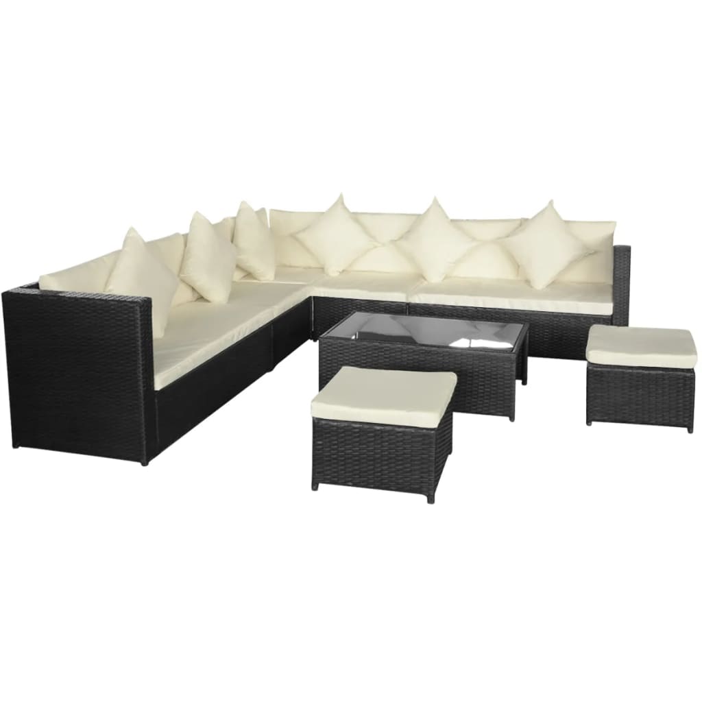 Set mobilier de grădină cu perne, 8 piese, negru, poliratan