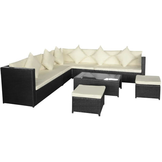 Garden furniture set with cushions, 8 pieces, black, polyrattan