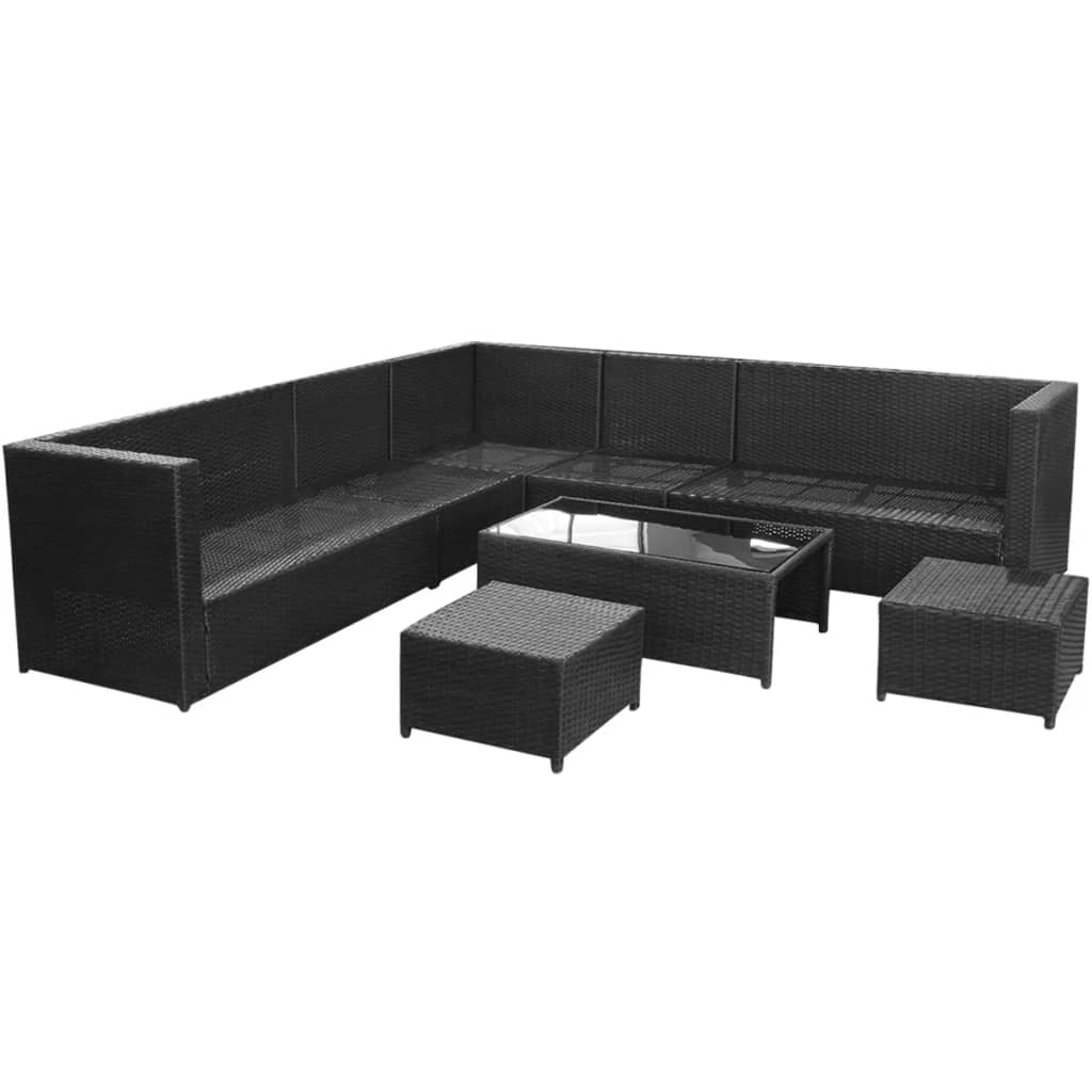 Set mobilier de grădină cu perne, 8 piese, negru, poliratan