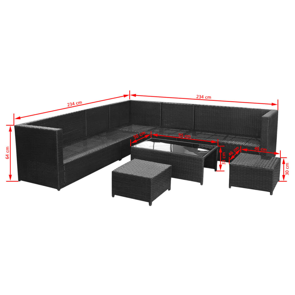 Set mobilier de grădină cu perne, 8 piese, negru, poliratan