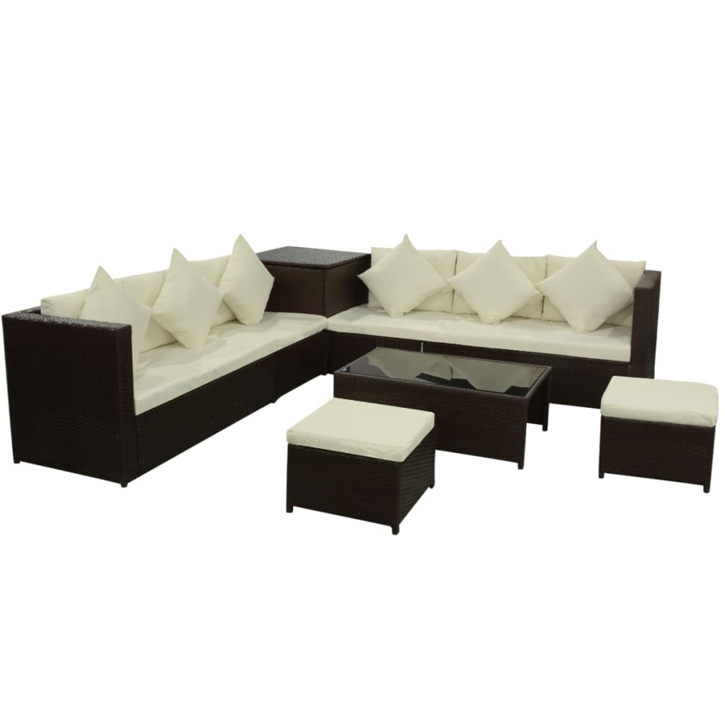 Garden furniture set with cushions, 8 pieces, brown, polyrattan