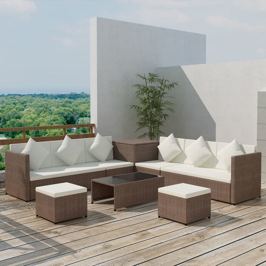 Garden furniture set with cushions, 8 pieces, brown, polyrattan