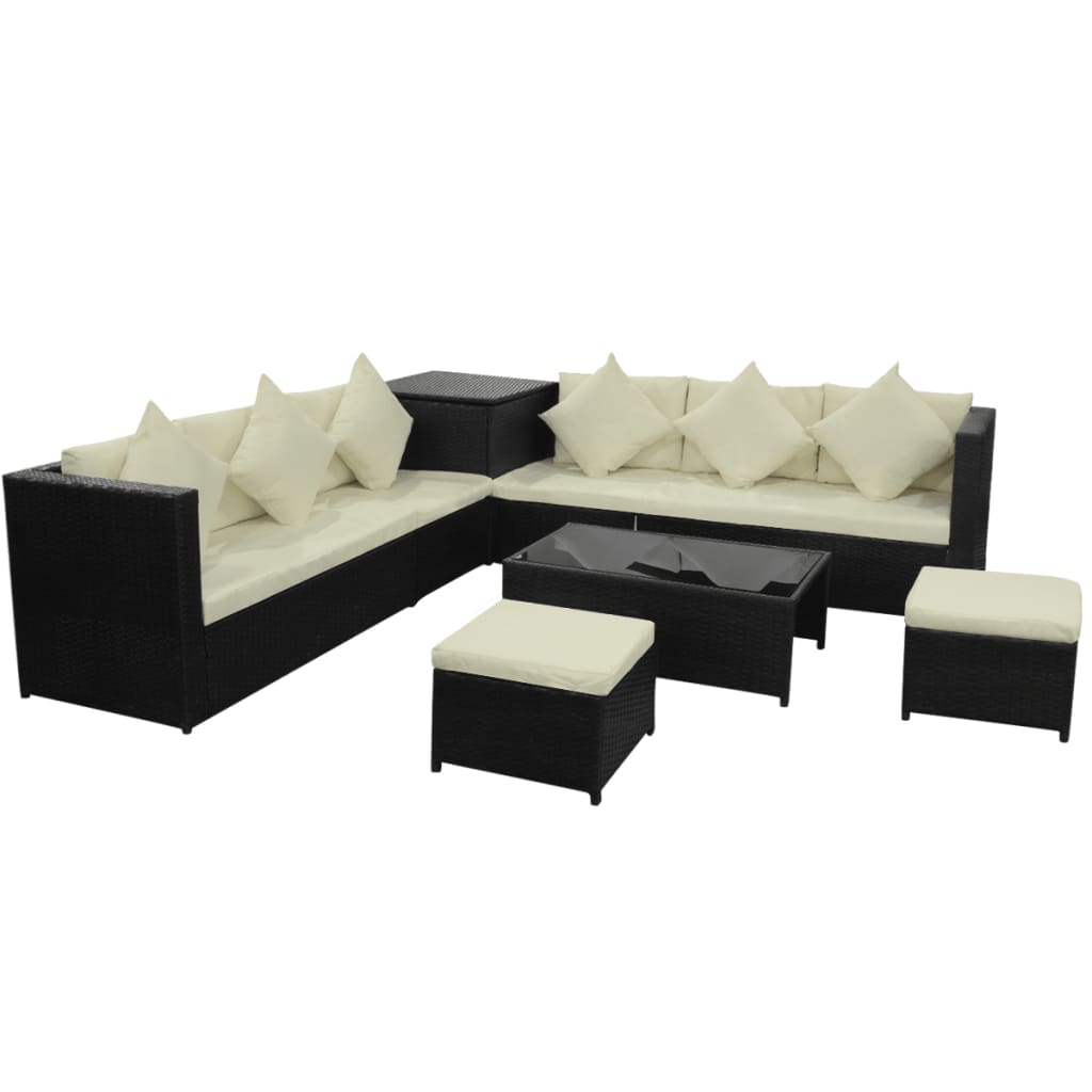 Garden furniture set with cushions, 8 pieces, black, polyrattan