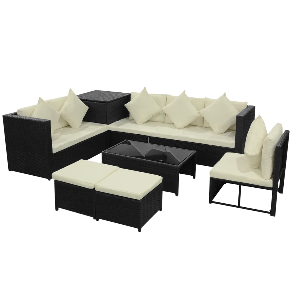 Garden furniture set with cushions, 8 pieces, black, polyrattan