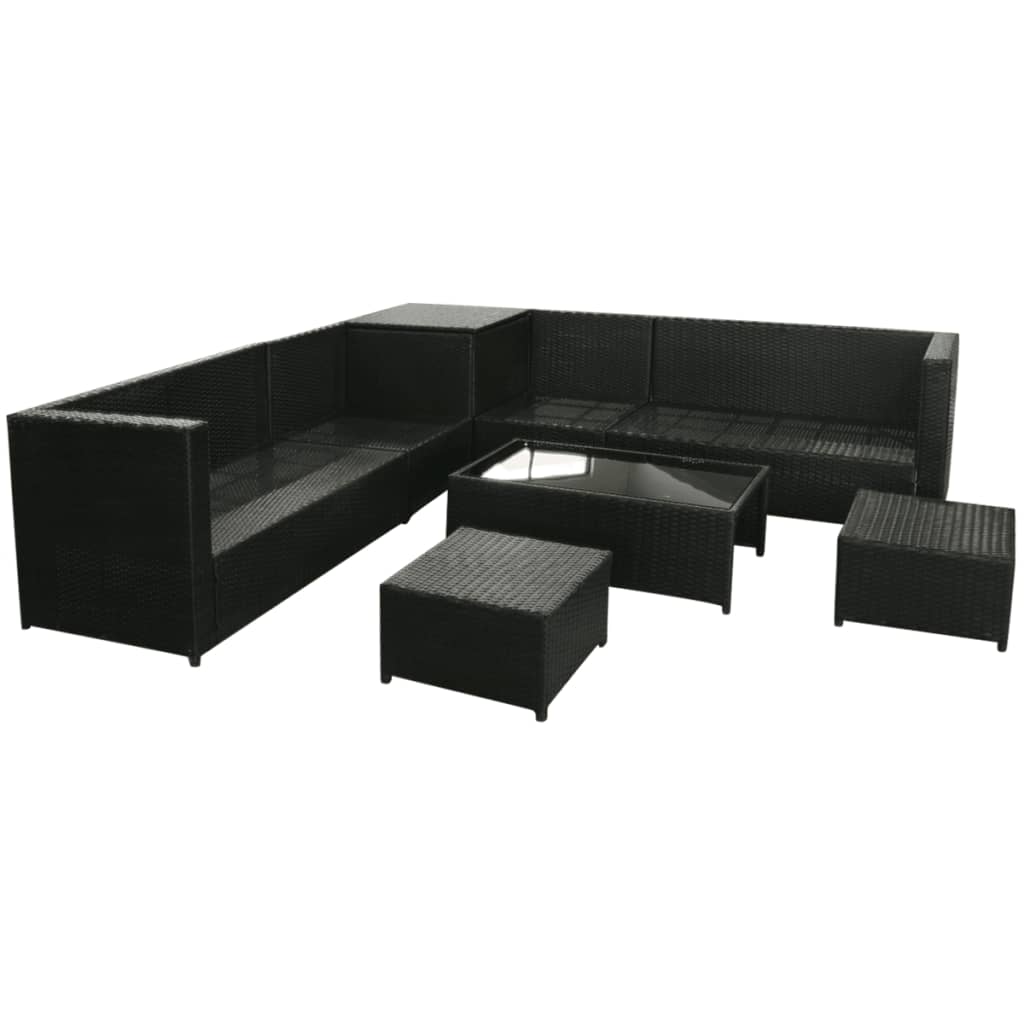 Set mobilier de grădină cu perne, 8 piese, negru, poliratan