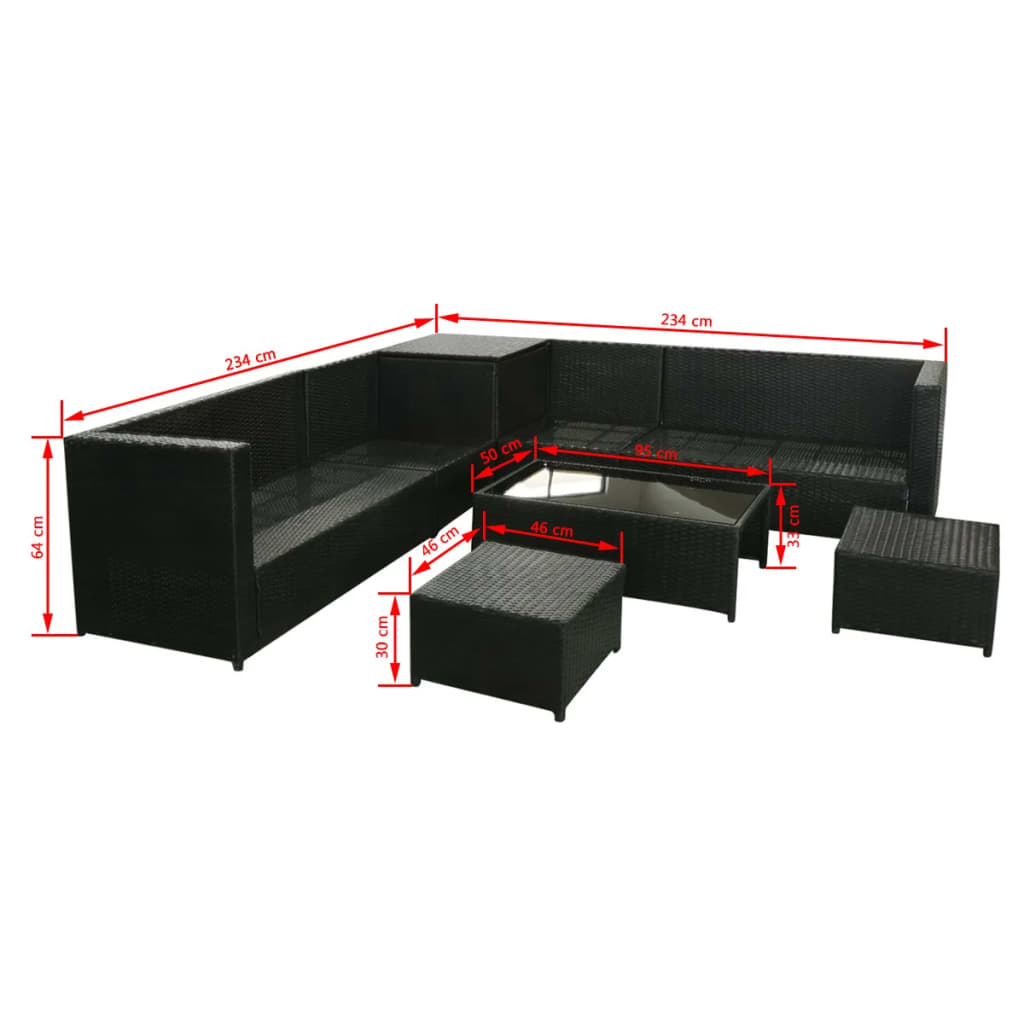 Set mobilier de grădină cu perne, 8 piese, negru, poliratan